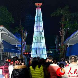 海口泰龙商城13米高圣诞树亮灯 流光溢彩飘“雪花”